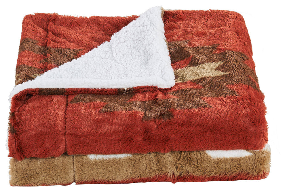 Southwest Faux Fur & Sherpa Backing Throw Blanket, Brick Red, 50" X 60"