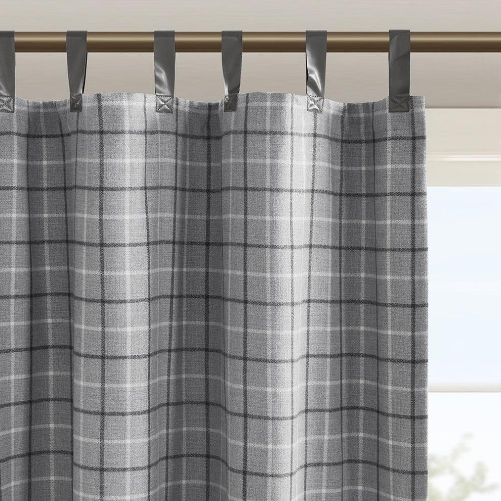 Plaid Faux Leather Tab Top Curtain Panel with Fleece Lining