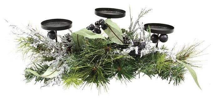 22" Mixed Pine with Blueberries Pine Cones and Ice Twigs Candle Holder