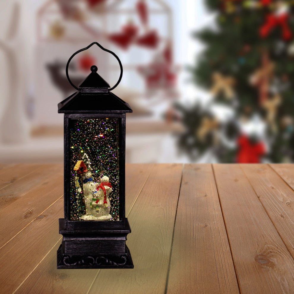 11"H Indoor Lantern Snowman Snow Globe Holiday Decoration with LED Light, Silver