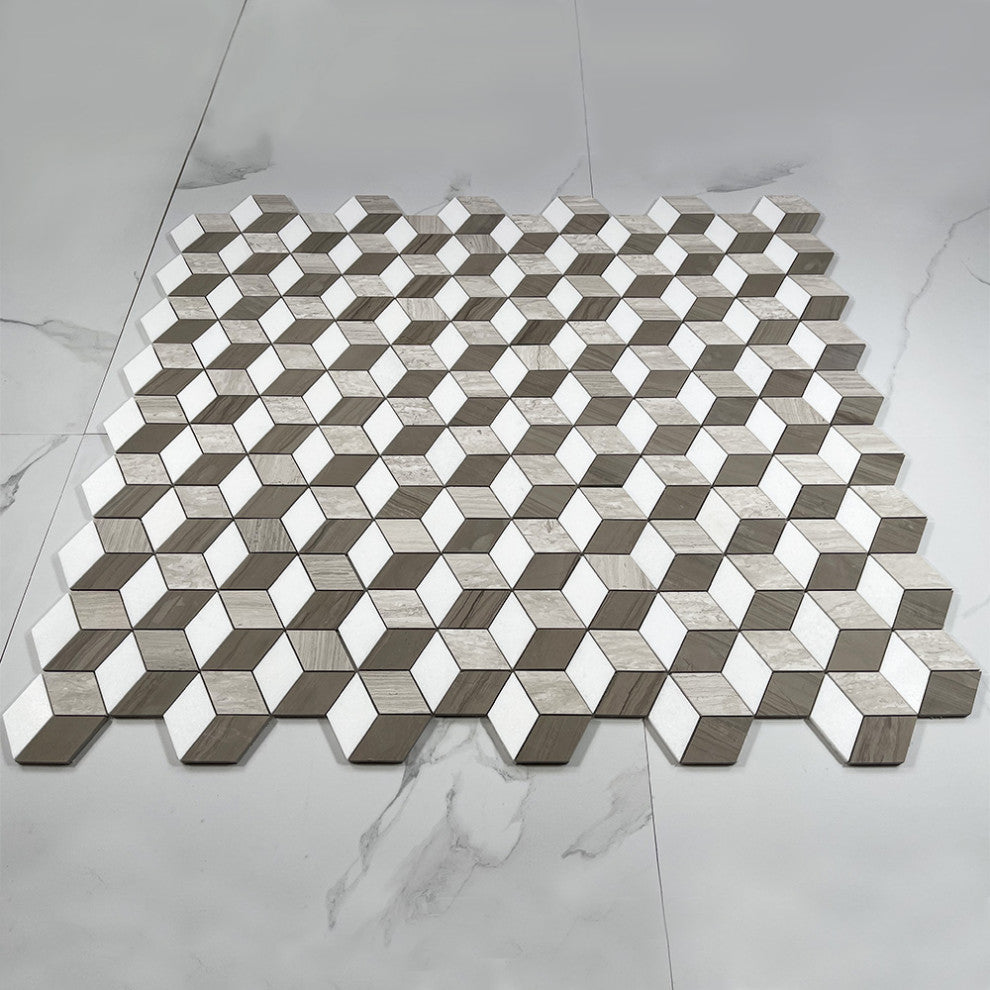 Athens Silver Cream Marble 3D Cube Diamond Geometry Hex Mosaic Tile, 1 sheet