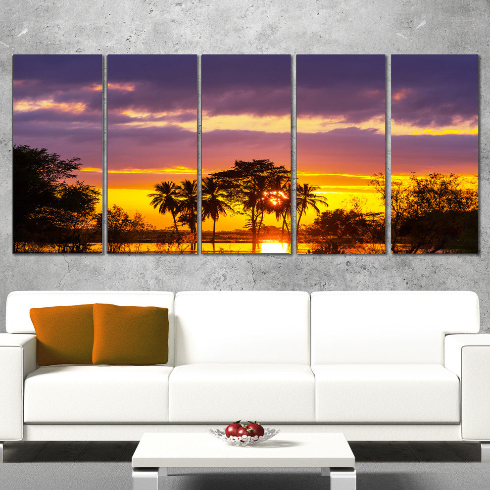 Colorful Flooded Field At Sunset, Landscape Canvas Wall Art, 60"x28", 5 Panels