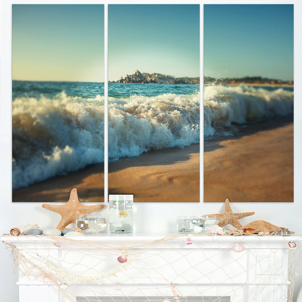 "Stormy Waves Hitting Beach Sand" Beach Metal Wall Art, 3 Panels, 36"x28"