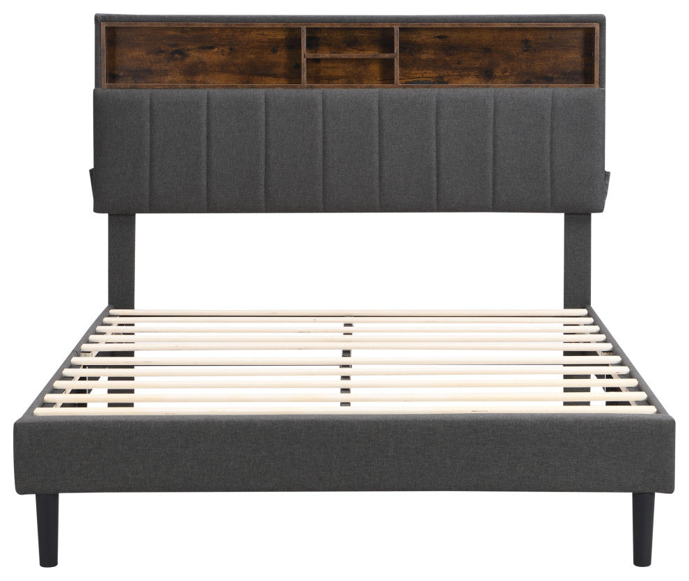 TATEUS Upholstered Platform Bed With Storage Headboard and USB Port, Gray, Full