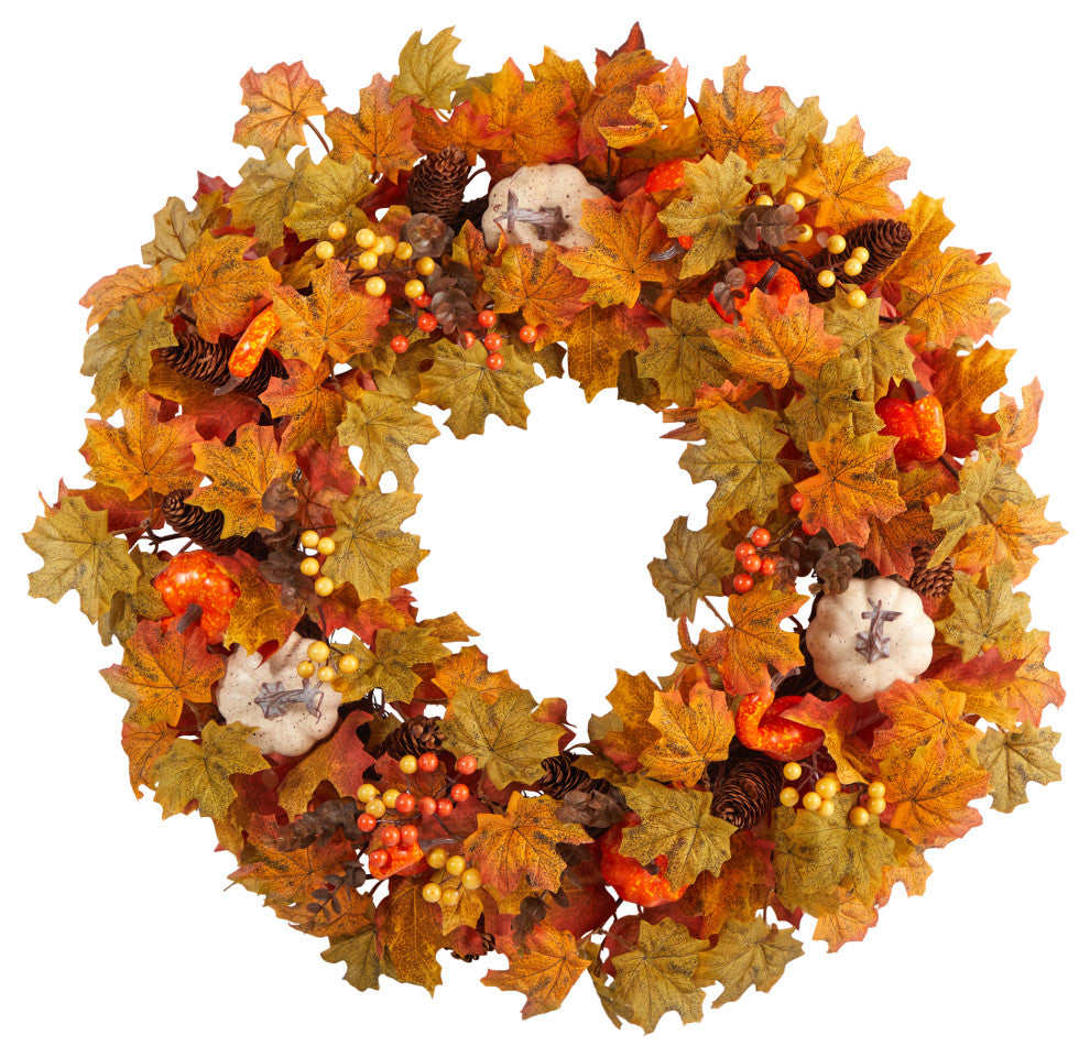 30" Autumn Pumpkin and Maple Leaf Artificial Fall Wreath