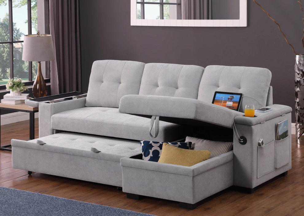 Ashlyn II 84"W Woven Fabric Reversible Sleeper Sectional, Storage & USB, Gray