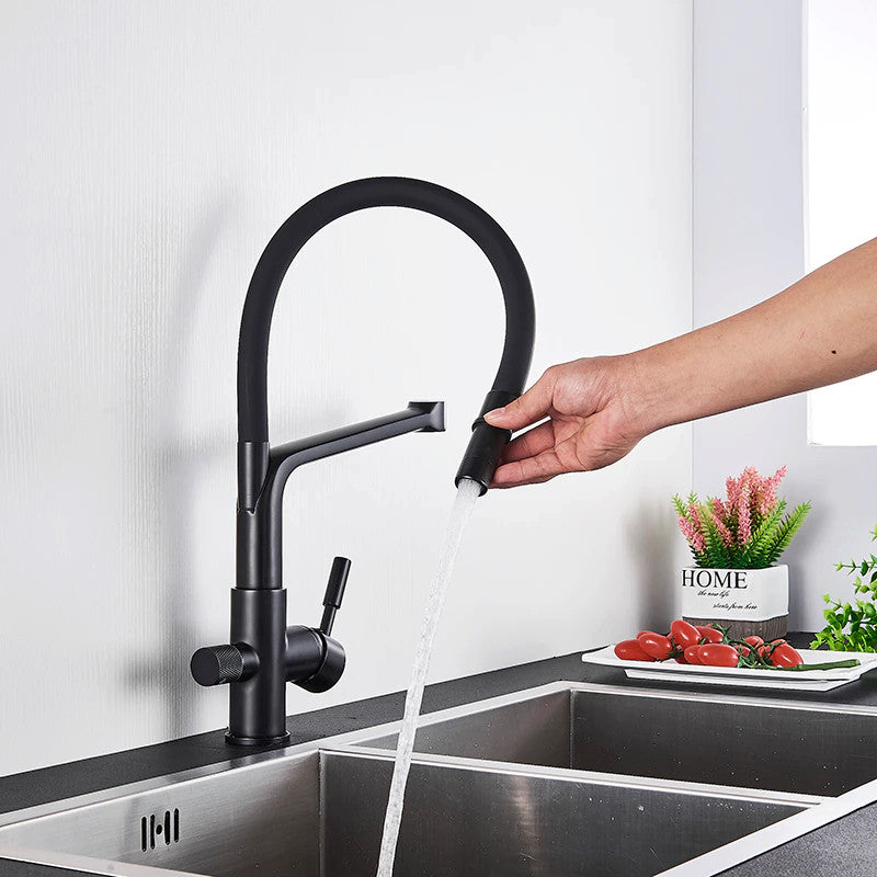 Solid Brass Matte Black Kitchen Faucet With Filtered Water Tap