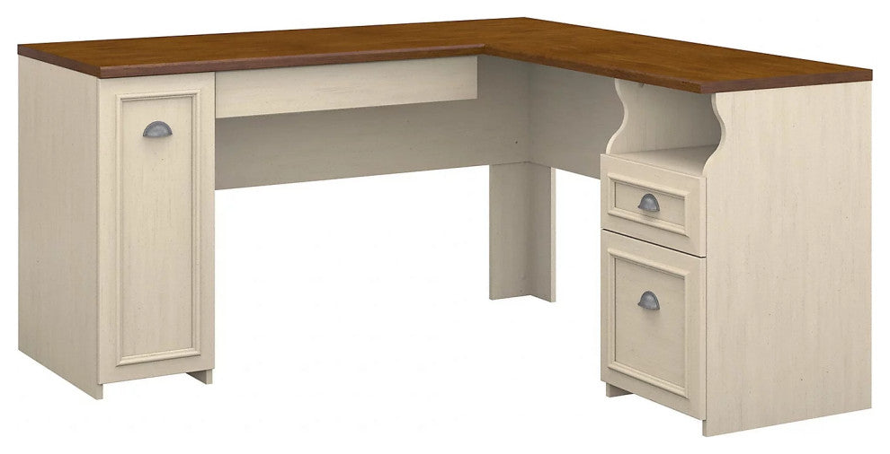 Traditional L-Shaped Desk, Vertical Storage Cabinet & Keyboard Tray, Brown/White