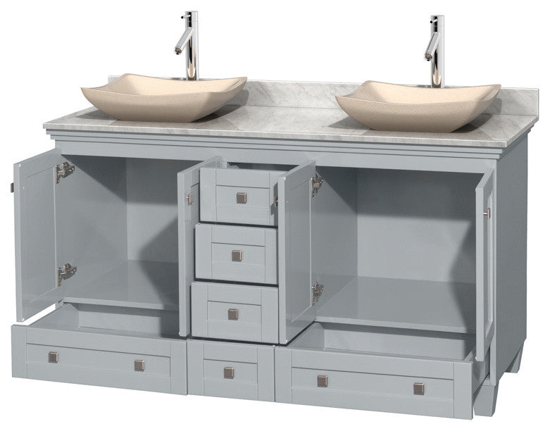 Acclaim Vanity, Oyster Gray, 60", Avalon Ivory Marble, White Carrera Marble