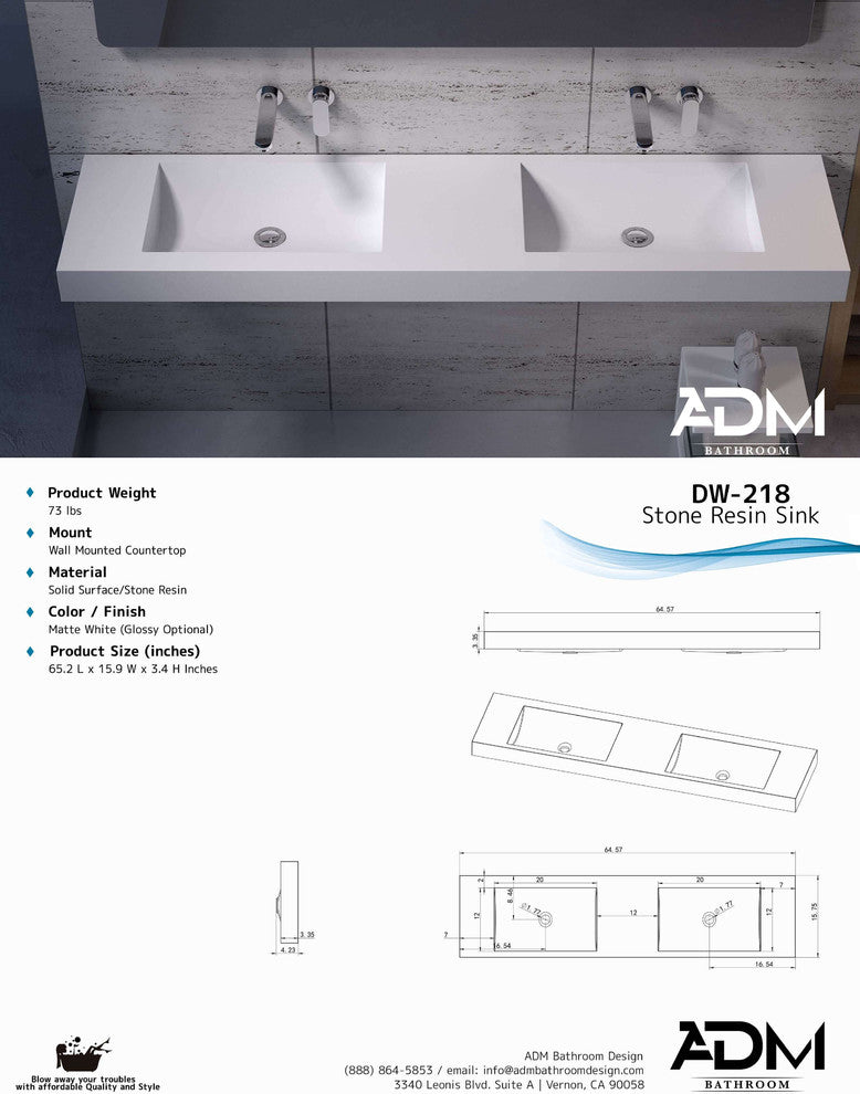 ADM Rectangular Wall Mounted Sink, White, 65", Matte White