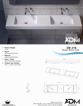 ADM Rectangular Wall Mounted Sink, White, 65", Matte White