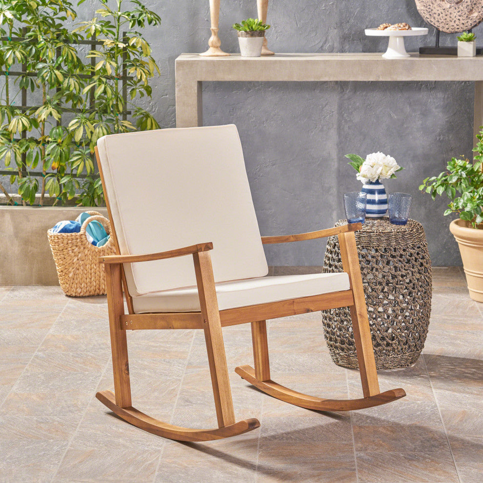 GDF Studio Caspar Outdoor Acacia Wood Rocking Chair, Teak Finish With Cream Cushion