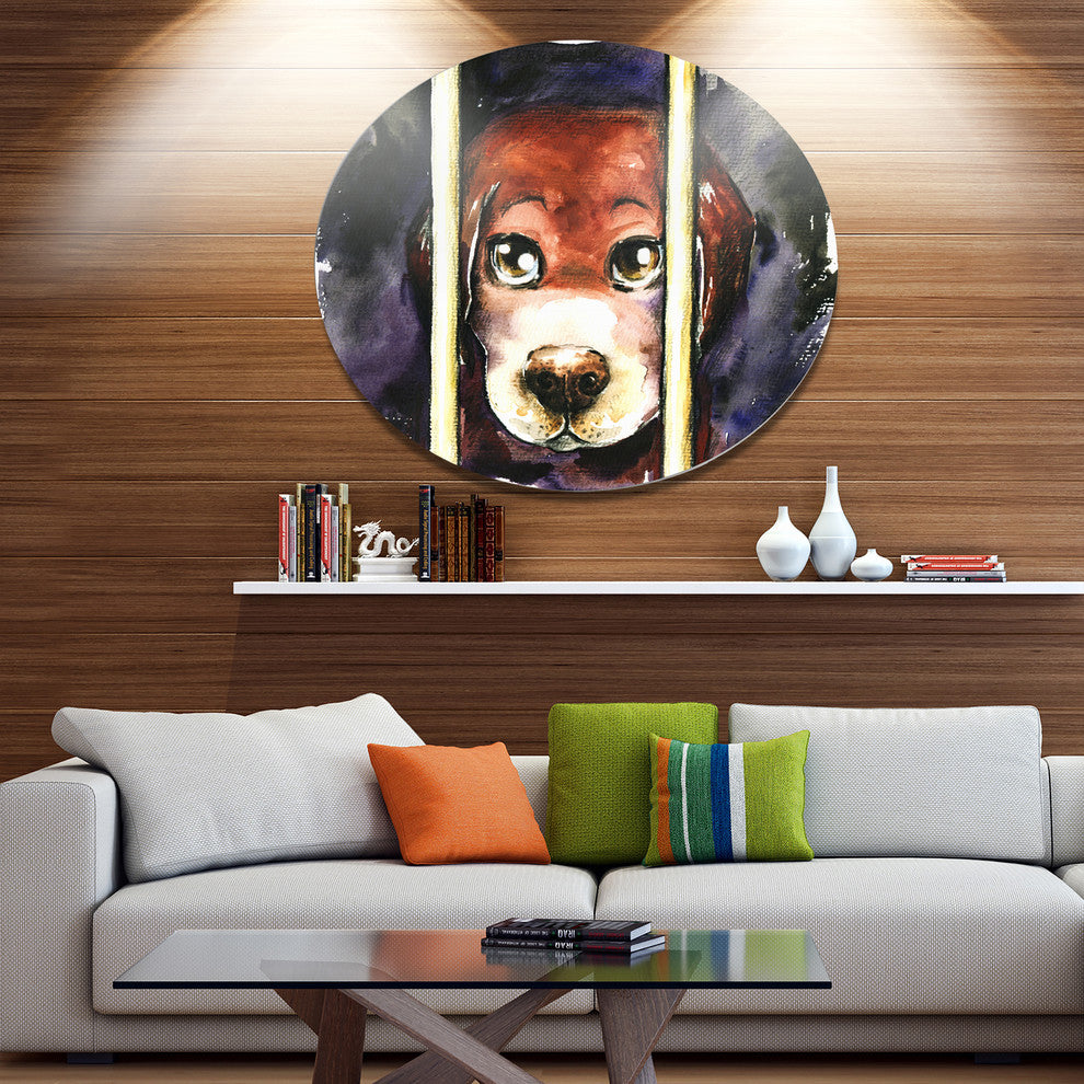 Sad Dog In Animal Shelter, Animal Disc Metal Artwork, 11"