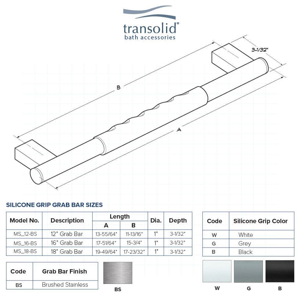 Transolid Maddox 18-inch Grab Bar with Grey Rubber Handle, Brushed Stainless
