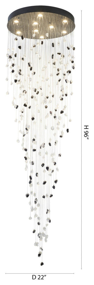 9-Light 22" Black Chandelier With Smoke And Clear Glass Stones