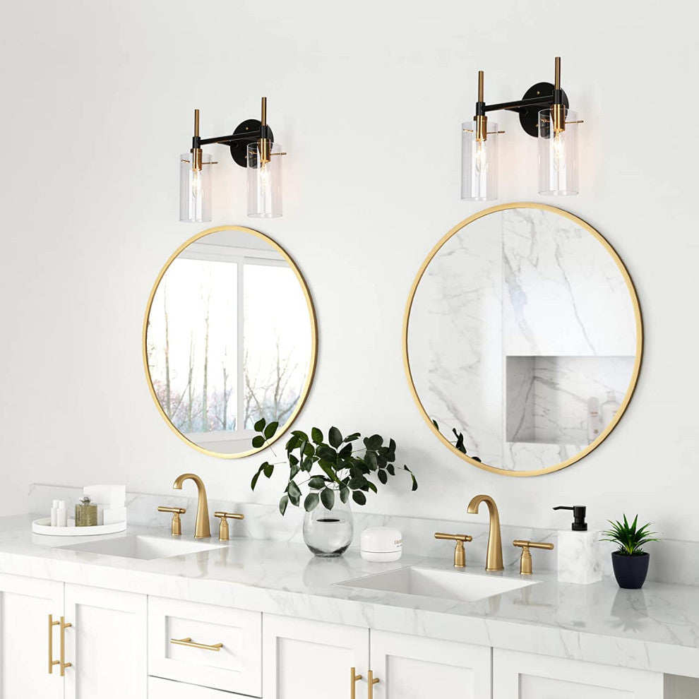 2-Light Farmhouse Wall Lights Black and Gold Wall Sconce With Glass Shade
