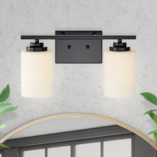 2-Light Matte Black Vanity With Etched White Glass Shades