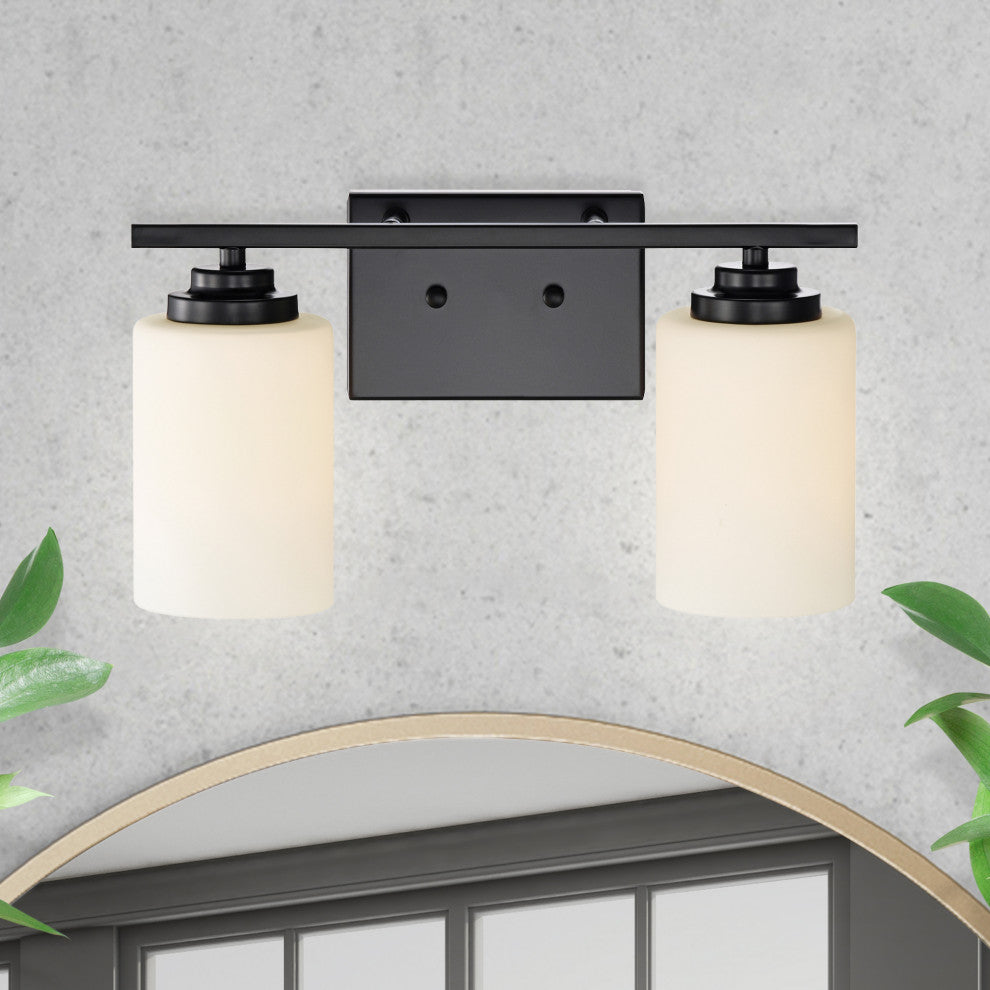 2-Light Matte Black Vanity With Etched White Glass Shades