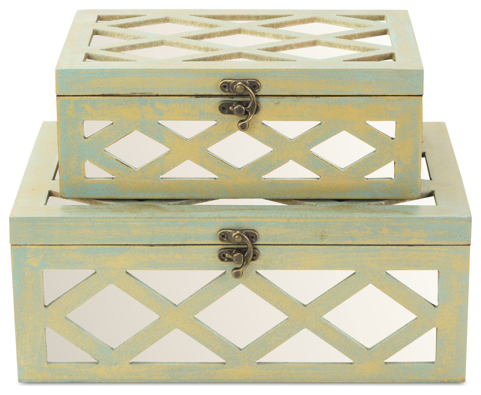 Mirror Diamond Keepsake Boxes, Gold, Set of 2, Gold