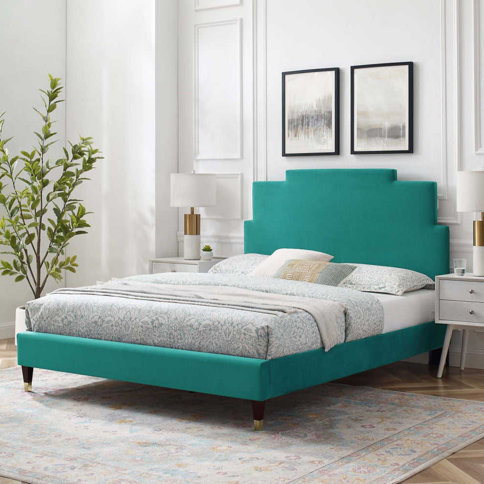 Platform Bed Frame, Full Size, Velvet, Teal Blue, Modern Contemporary, Bedroom