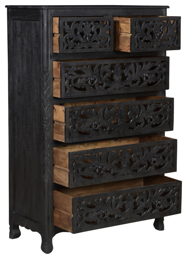 Delaney Carved Tall Chest, Distressed Black