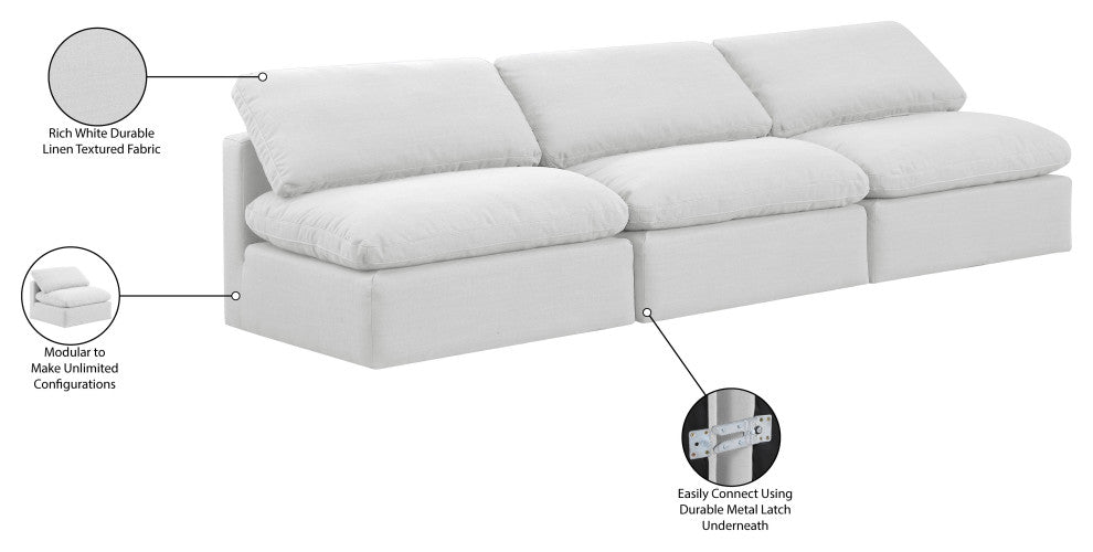 Indulge Upholstered Modular Sofa, White, 3-Piece: 3 Armless Chair, Down Stuffed Linen Textured Fabric