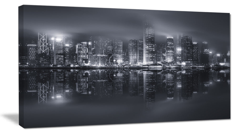 "Hong Kong Black And White Skyline" Cityscape Artwork Canvas, 32"x16"