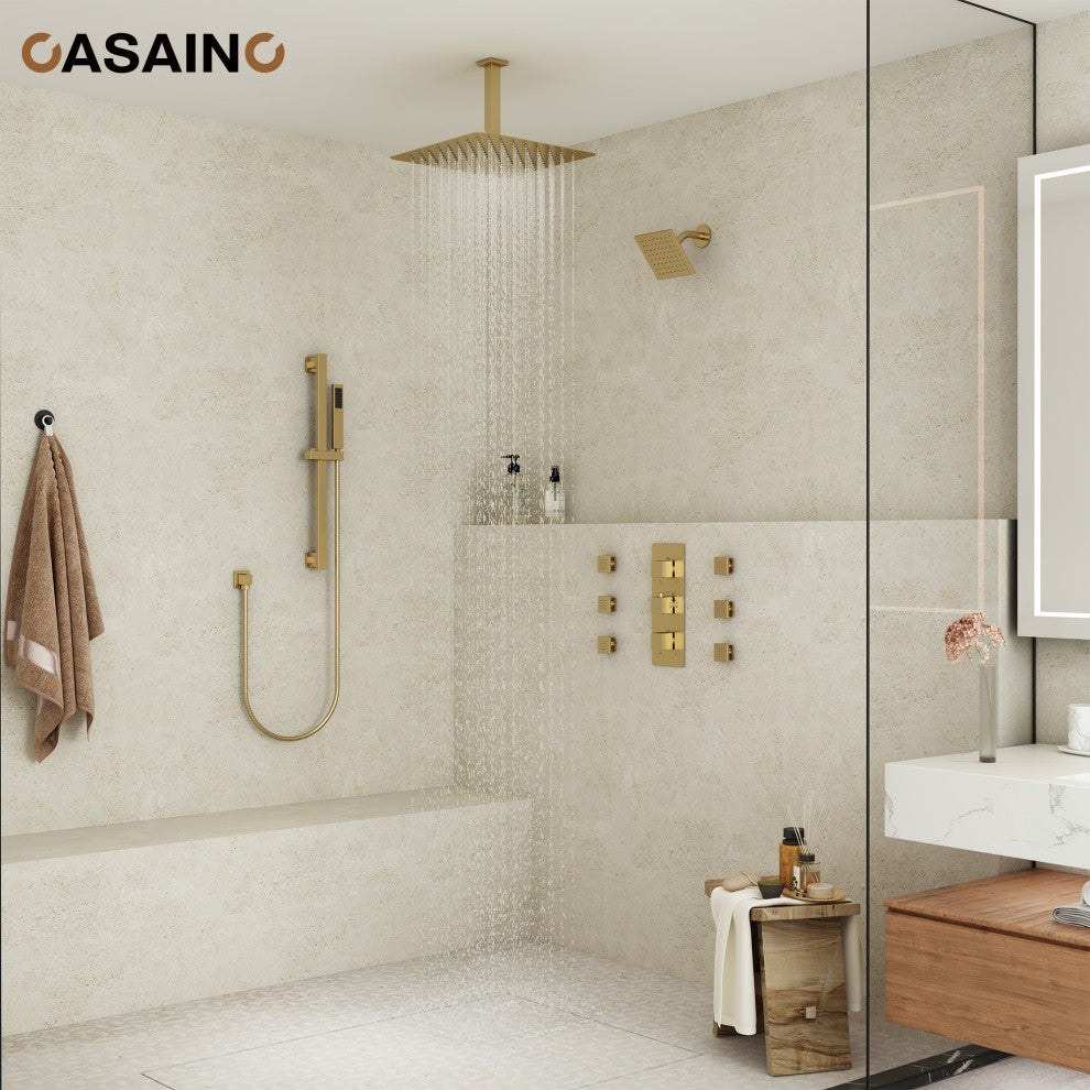 16inch Deluxe Showerhead Dual Shower Head System With Slide Bar and 6 Body Jets, Brushed Gold
