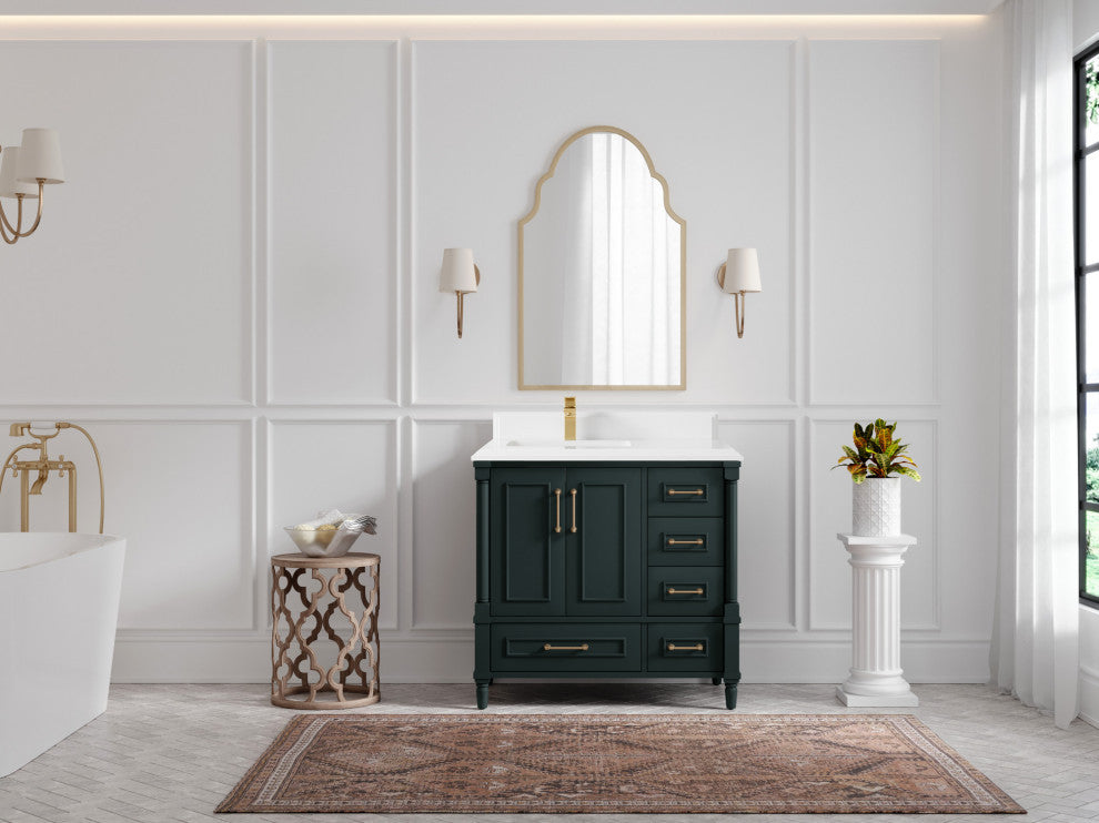 Aberdeen 36 Left Offset Bath Vanity in Dark Forest Green 1.5" White Quartz