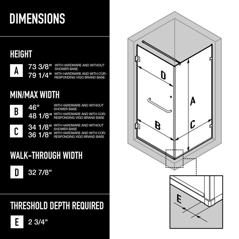VIGO Pacifica 48"D x 36"W x 79"H Frameless Hinged Shower Enclosure, Brushed Nickel, Left Base
