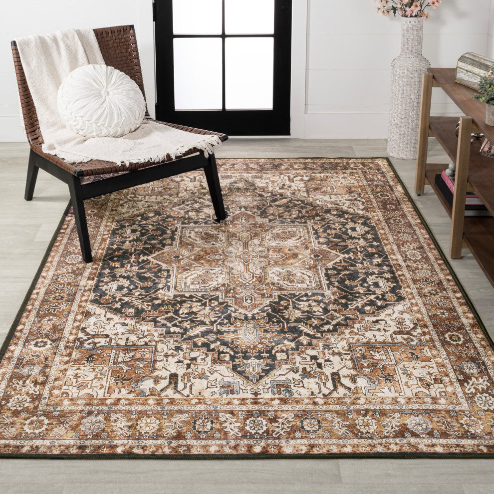 Chapell Chenille Mid-Century Medallion Washable Rug, Black/Terra, 5 X 8
