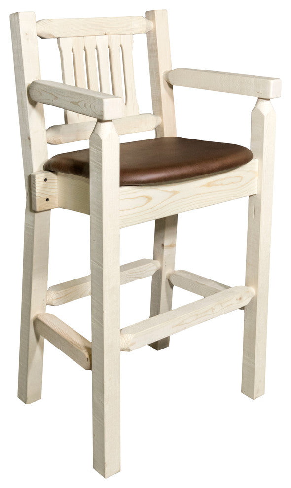 Captain's Barstool, Clear Lacquer Finish With Upholstered Seat, Saddle Pattern