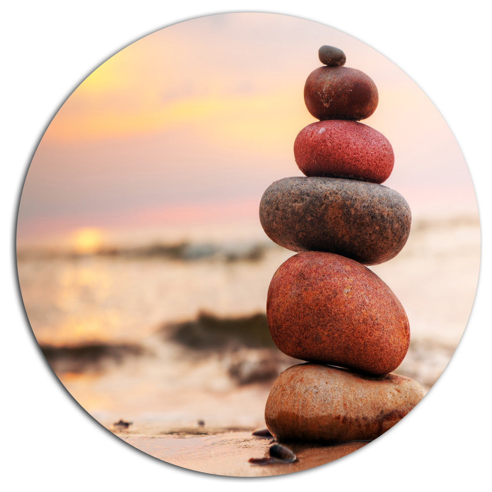 Stones Pyramid On Sand Symbolizing Zen, Landscape Round Artwork, 11"