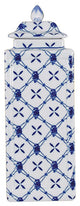 Blue and White Square Porcelain Temple Jar Geometric Design 11"