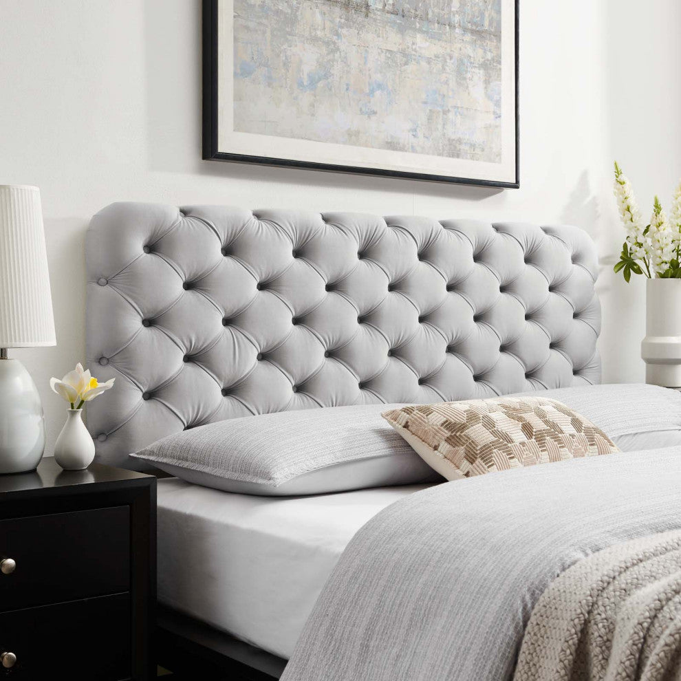 Tufted Headboard, Twin Size, Velvet, Light Gray, Modern Contemporary