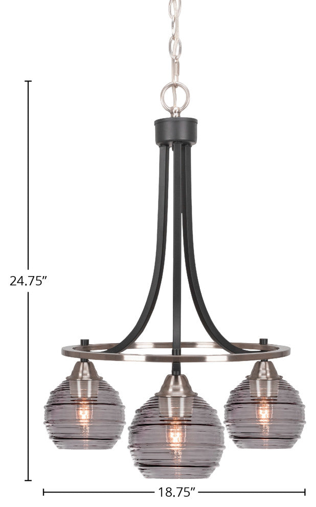 Paramount 3-Light Chandelier, Matte Black & Brushed Nickel, 6" Smoke Ribbed