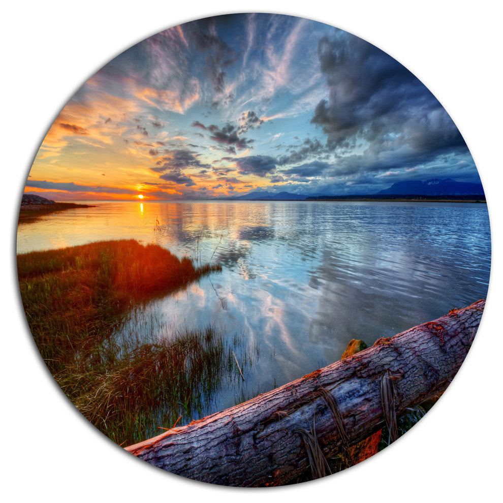 Colorful River Sunset With Log, Seashore Art Round Wall Art, 23"