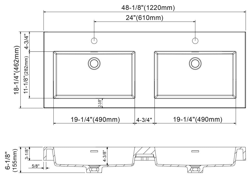 Dowell 18" FTB Resin Bathroom Vanity Basin, White, 48wx18dx6h Double