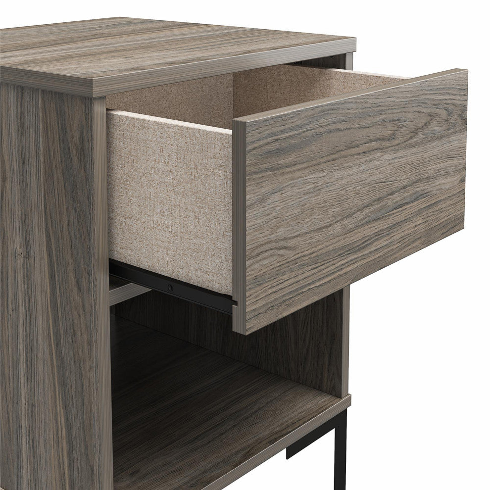 Modern Nightstand, Bottom Open Shelf & Drawer With Cut Out Pull, Weathered Oak