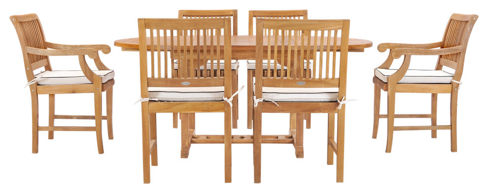 7 Piece Teak Wood Castle Patio Dining Set with Round to Oval Extension Table