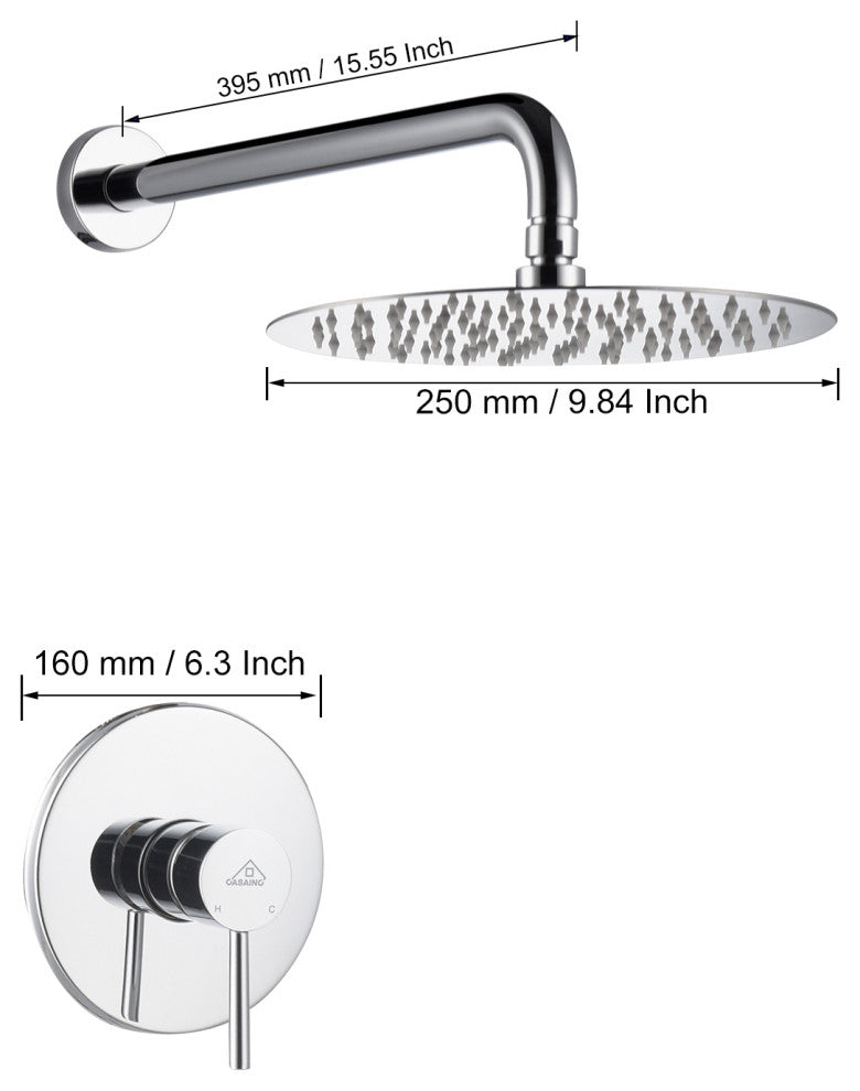 CASAINC 10" Round Wall Mounted Rainfall Luxury Shower System Kit, Chrome