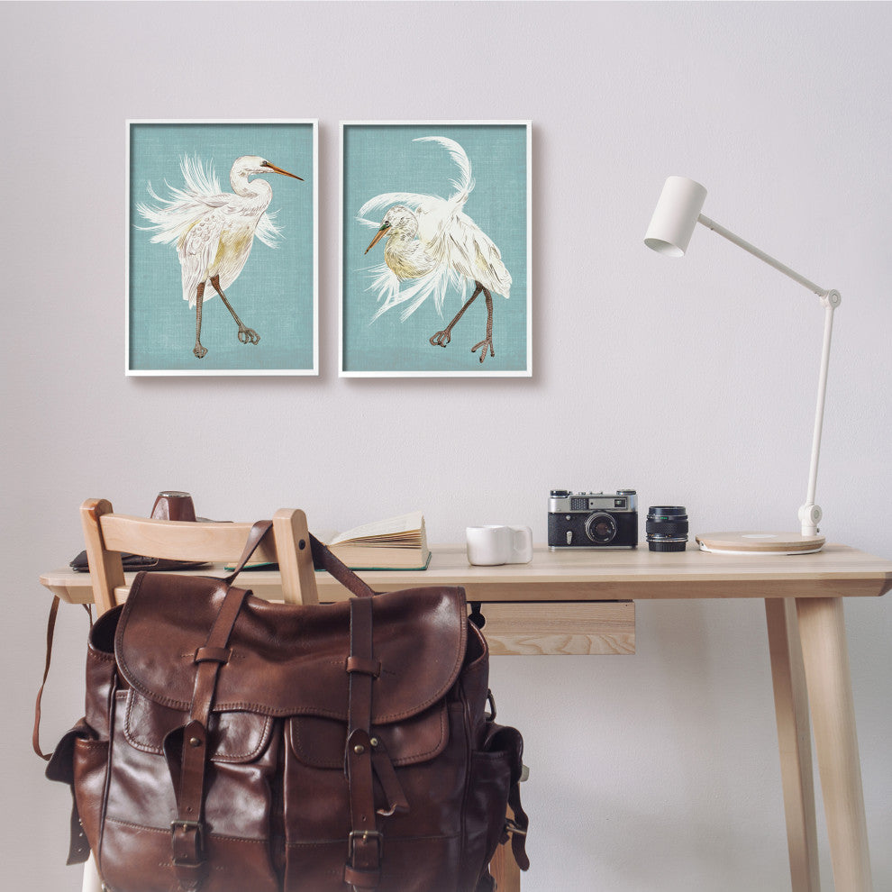 Dancing Heron Birds White Feathers over Blue,2pc, each 11 x 14