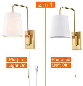 Gold Fabric Shade Wall Sconce Bedroom Plug-in Wall Lamp Set of 2
