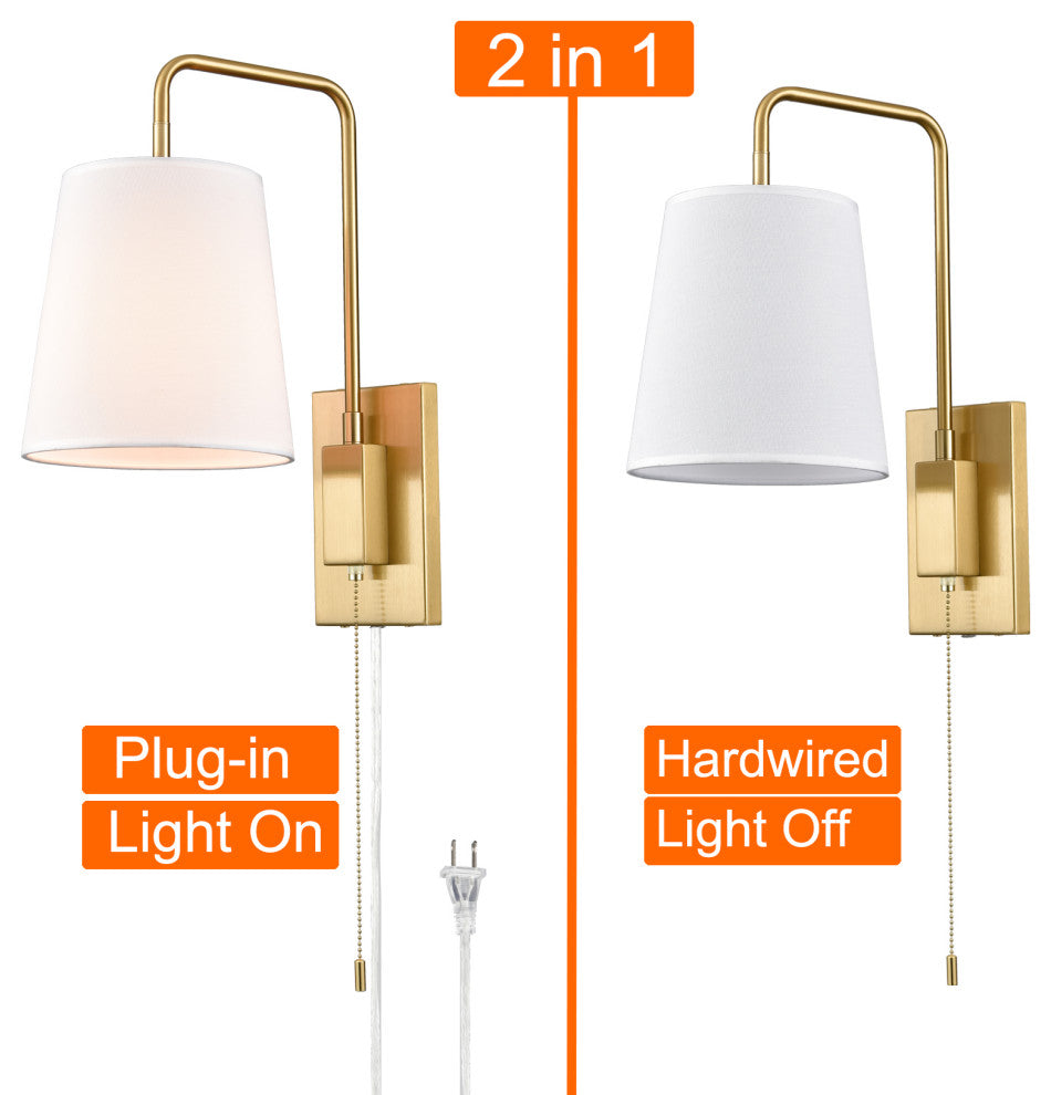 Gold Fabric Shade Wall Sconce Bedroom Plug-in Wall Lamp Set of 2