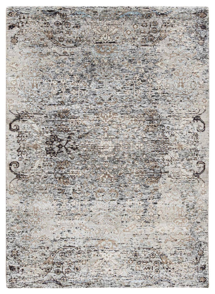 Gray, Modern, Silk with Textured Wool, Hand Knotted, Rug , 4'1" x 6'0"