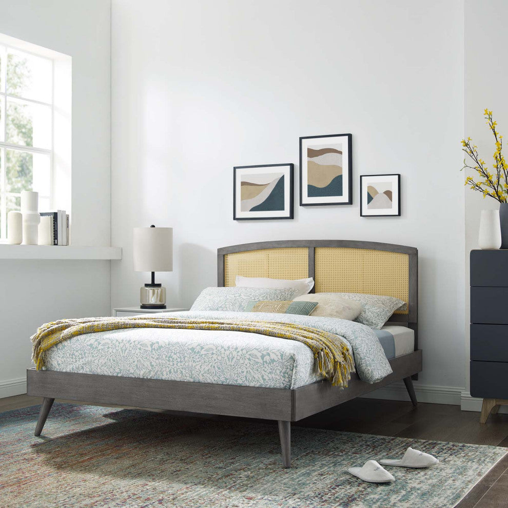 Platform Bed Frame, Full Size, Wood, Gray, Modern Mid-Century, Bedroom