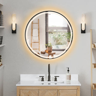 Palme Round Framed Bathroom/Vanity LED Lighted Wall Mirror, Matte Black, 24"