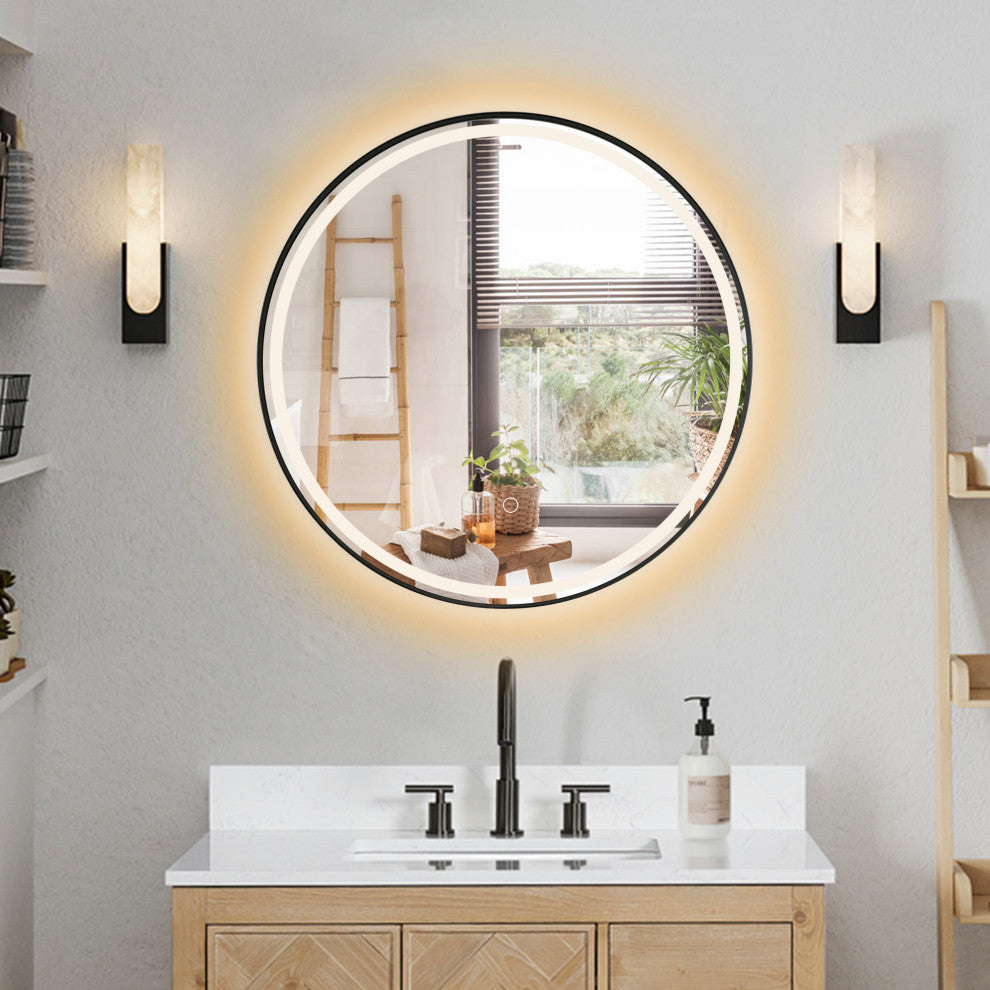 Palme Round Framed Bathroom/Vanity LED Lighted Wall Mirror, Matte Black, 24"
