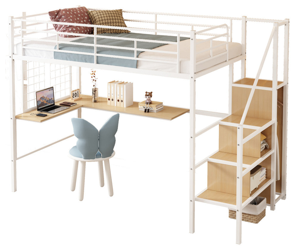 Gewnee Twin Loft Bed with Desk and Storage Wardrobe