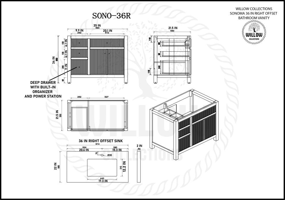 Sonoma 36 Right Offset Reeded  Bath Vanity in White 2" Carrara Quartz